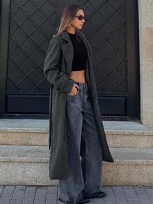 DAZY Cappotto lungo da donna con bavero oversize e doppio petto, antivento, adatto per autunno/inverno - Grigio Scuro - Visualizzare 5