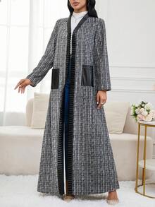 Al Najma 女式休闲撞色镶边双口袋前开阿拉伯长袍，秋季 - 黑色 - 查看 4