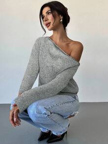 Firerie Women's Elegant Casual Versatile Textured Yarn Off-Shoulder Loose Sweater, Long Sleeve Top, Suitable For Spring, Summer, Autumn And Winter,Cozy Fall And Winter Clothes For Women