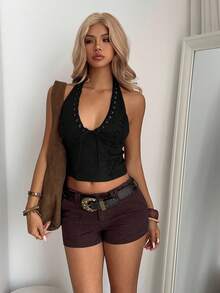 Aloruh 波西米亚风深V领系带麂皮上衣 - 黑色 - 查看 6