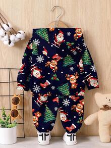 SHEIN Baby Boy Casual Minimalist Fashion Classic Christmas Warm & Comfortable, Star Christmas Tree, Cartoon Pattern, Christmas Deer, Christmas Pattern, Loose Fit Cozy Knit Soft Hoodie Sweatsuit Set, Suitable For Autumn/Winter - Multicolor - View 3