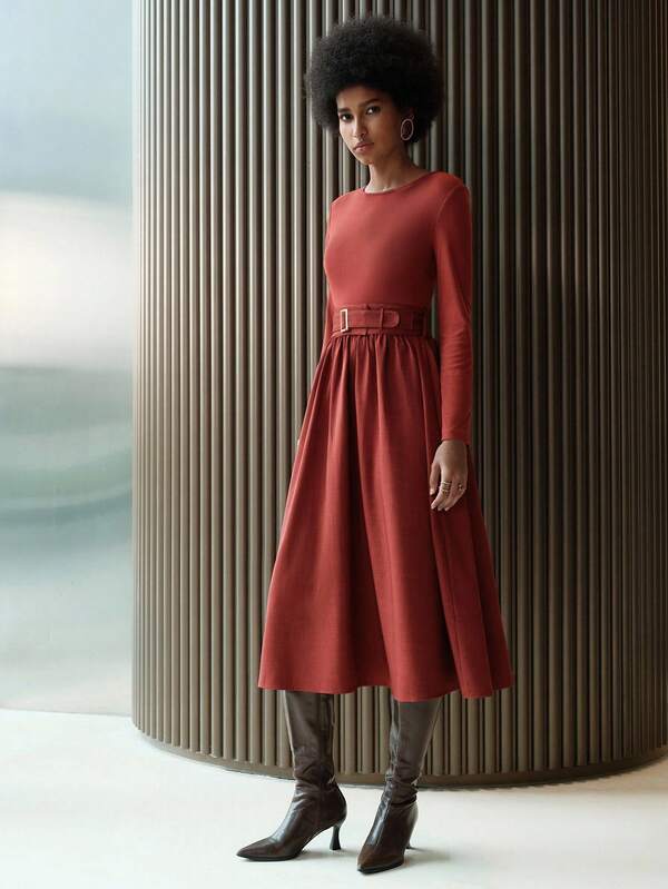 Lumivelle Vestido ajustado de línea A con manga larga, decoración de hebilla y cintura ancha de parche de punto y tejido, para uso diario y de oficina