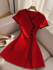 INAWLY Elegant Fashion Color Block V-Neck Waist Flared Mini Dress For Women - Red - View 3