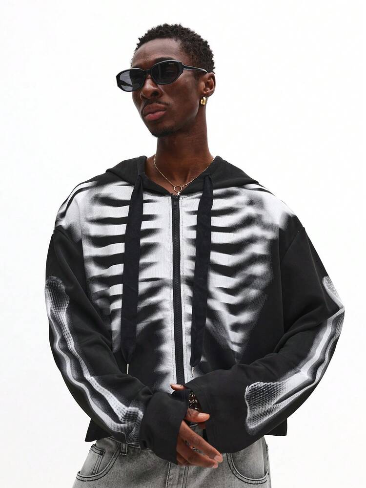 Full Zip Hoodie With Skeleton X Ray Print