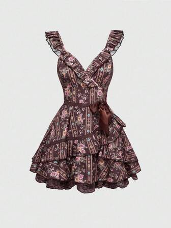 ROMWE Avant Women's Vintage Mori Kei Cottagecore Ditsy Floral Fabric Mini Dress With Flutter Sleeves , Lace Trim, Bow Accent, Layered Ruffle Hem