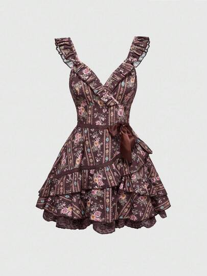 ROMWE Avant Damen Vintage Mori Kei Cottagecore Kleid mit Ditsy Blumen Muster, Volantärmeln, Spitzenbesatz, Schleifenakzent, mehrlagigem Rüschensaum