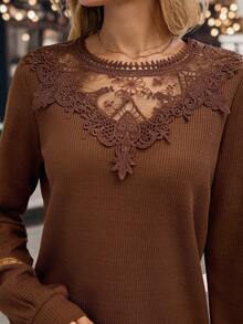 EMERY ROSE Women's Autumn Contrast Lace Long Sleeve Sweatshirt, Fall Winter Brown Long Sleeve Top, Going Out Top - Brown - View 7
