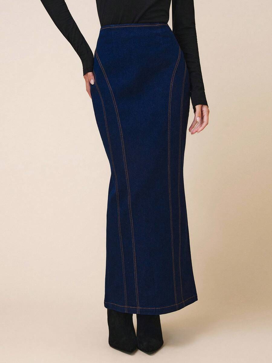 COSMINA 女式高腰鱼尾下摆长款优雅牛仔半身裙 - 藏蓝色 - 查看 1