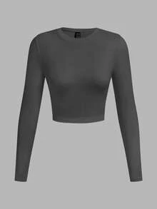 SHEIN EZwear 3 件套休闲纯色条纹修身短款长袖圆领 T 恤，大码女款，适合春秋季 - 彩色 - 查看 7