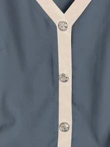 Franclia 大码女式梭织撞色V领短袖开衫衬衫和松紧腰直筒裤套装，优雅浪漫 - 霧霾藍 - 查看 4