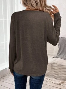 Easowa Áo thun nữ cổ tròn tay dài dáng rộng thoải mái - màu nâu - Xem 2