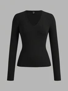 SHEIN EZwear Bộ 3 áo thun dài tay cơ bản cổ chữ V sâu ôm vừa vặn thường ngày cho nữ, thích hợp cho mùa thu/đông - Nhiều màu - Xem 7