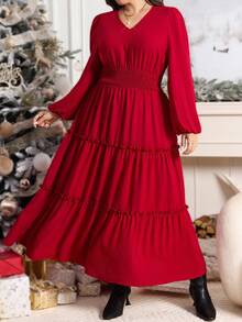 SHEIN LUNE Váy maxi họa tiết hoa xanh lá cây cỡ lớn cho nữ dịp Giáng sinh, mùa xuân, trang phục giáo viên cho phụ nữ, váy lễ Phục sinh cho phụ nữ mùa hè phong cách Boho cổ điển cỡ lớn thời trang mới màu đỏ thuần khiết cổ chữ V, thích hợp cho tiệc tốt nghiệp, kỳ nghỉ và hẹn hò, váy dự tiệc cao cấp thanh lịch cỡ lớn cho phụ nữ cỡ lớn tay dài eo, váy thanh lịch cho mùa thu và mùa đông, váy đỏ cỡ lớn - Màu Đỏ Sâu - Xem 7