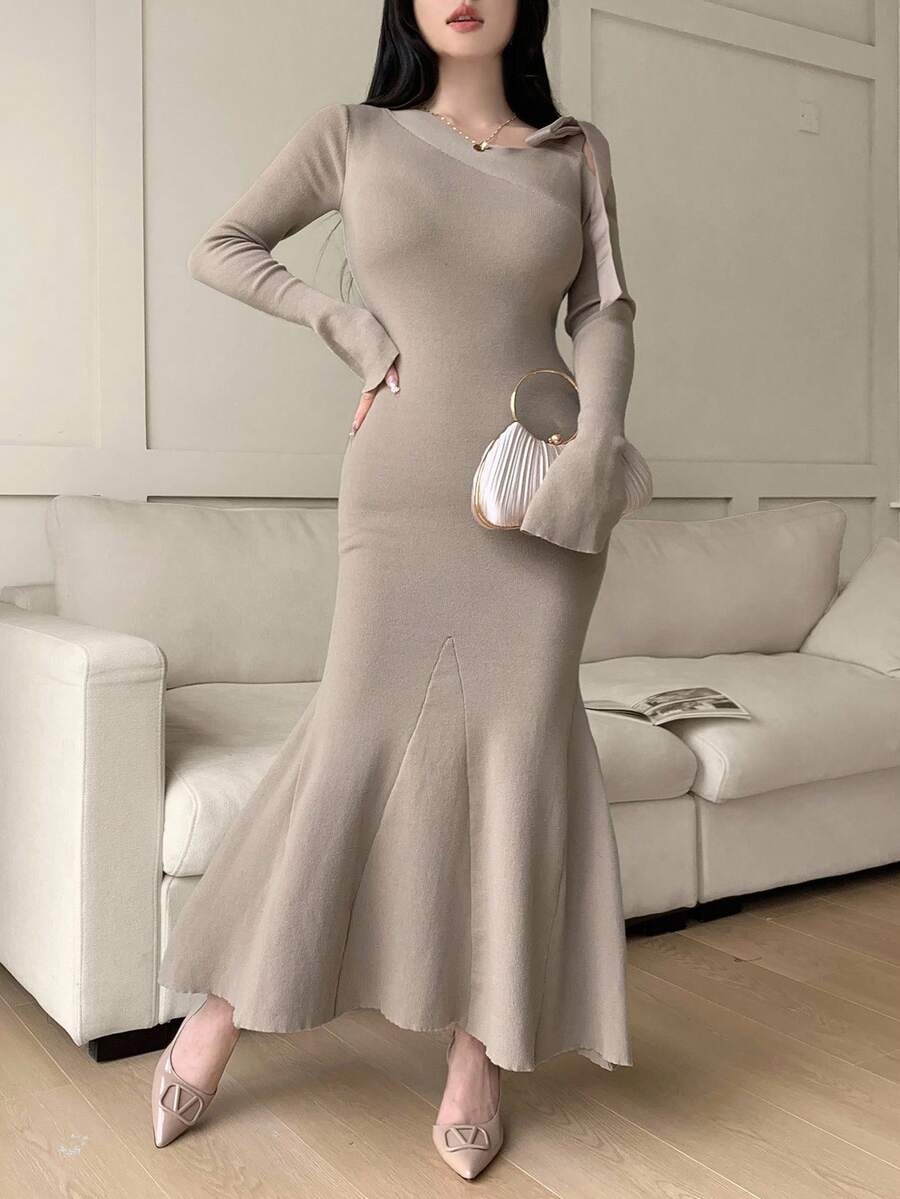 Feyla Women's Asymmetrical Shoulder Bowknot Waist Fishtail Hem Slimming Elegant Sweater Dress - Khaki - View 1
