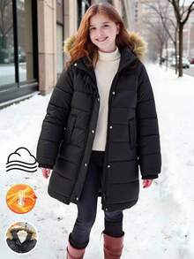 SHEIN Teen Girl Zip-Up Furry Hooded Casual Winter Jacket Fall - Multicolor - View 1