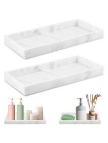 2 bandejas decorativas retangulares de mármore branco, bandejas de armazenamento para banheiro, organizador de banheira e pia de cozinha, decoração de banheiro, organizador de banheiro, decoração de outono, organizador de maquiagem, volta às aulas