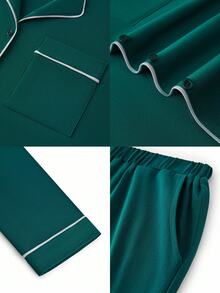 LUVLETTE Jul- och nyårspyjamas för par, mjuk, 100 % ren bomull, grön, kontrastfärgad, enkel, knäppt topp och byxor, loungekläder, pyjamasset med byxor och fickor, loungeset för kvinnor, höstkläder - Mörk Grön - Visa 7