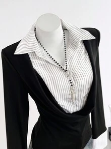 Elamini Áo sơ mi dài tay họa tiết sọc vá màu đen đơn giản, thoải mái, phong cách đại học, có mũ trùm đầu, dáng ôm vừa vặn, thoải mái cho nữ, mùa thu/đông - Đen và trắng - Xem 4