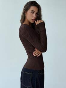 Aloruh Áo len dệt kim cáp cổ chữ V sâu tay dài thời trang mới, áo len đa năng cho phụ nữ trẻ vào mùa thu/đông - Cà phê nâu - Xem 3