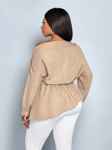 SOLERSUN Áo cánh thời trang mùa thu đông màu trơn tay dài không đối xứng, cổ bẻ, dây rút bên hông, viền bất đối xứng, vải dệt màu xanh lam, dùng để mua sắm và hẹn hò cho nữ cỡ lớn - Màu Khaki - Xem 2