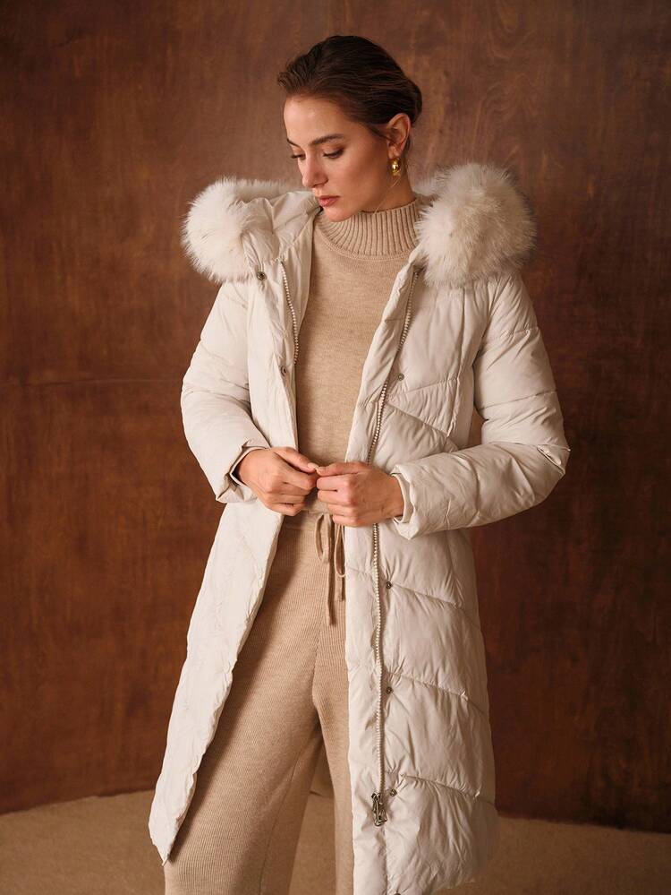 QUILTED FUZZY TRIM HOODED WINTER COAT