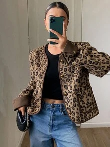 Livesso Women's Elegant Loose Jacket With Animal Print, Thermal Lining, Color Blocking, Suitable For Business Casual, New Year, Christmas, Autumn/Winter Leopard Print Women Coats - Brown - View 3