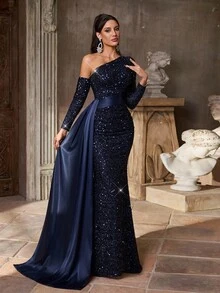 Aureia 优雅、浪漫、海军蓝、亮片面料、缎面拼布、褶饰、不对称肩部、长袖、鱼尾下摆、时尚、网红、节日、度假、生日派对、婚礼活动、正式晚宴礼服 - 藏蓝色 - 查看 7