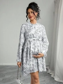 SHEIN Maternity Long Sleeve Stand Collar Half-Placket Front Button Waist Belt A-Line Dress, Digital Print - Multicolor - View 3