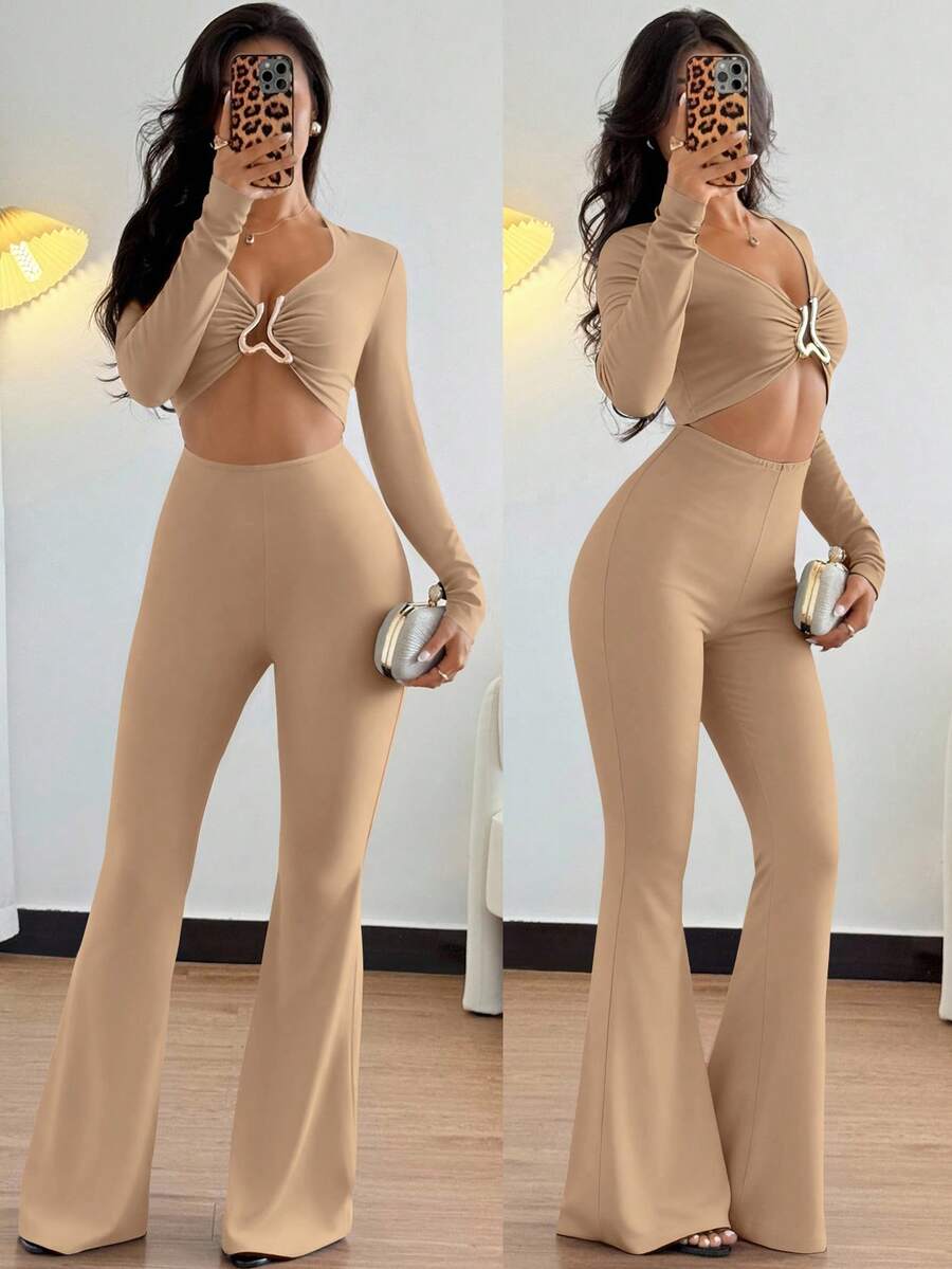 Chiquease 欧美风格休闲金属装饰腰部收紧长袖性感黑色高弹力女式连体裤 - 卡其色 - 查看 1