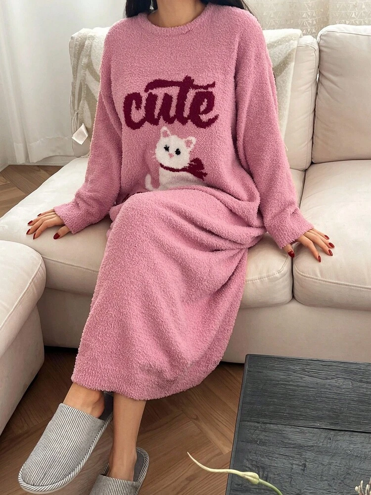 Loose Knit Cat Print Nightgown, Women Sleepwear Dress For Autumn/Winter Pajama, Moo Moo Night Dress