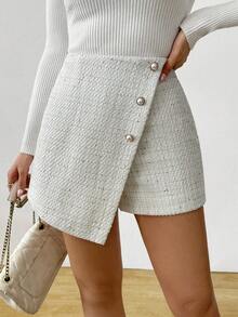Islaluna Women's White Woven Fabric Button Detail Skort Casual Short Plain Zipper Skort Tweed Skirt
