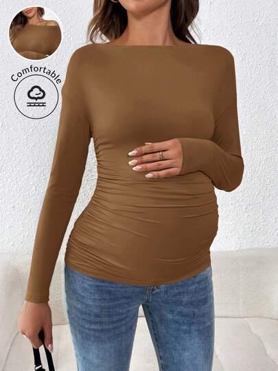 SHEIN Maternity Solid Color Ruched Slim Fit Boat Neck Long Sleeve T-Shirt Solid Color Tops Brown Tops Coffee Brown Top Brown Top Women Brown Long Sleeve Top