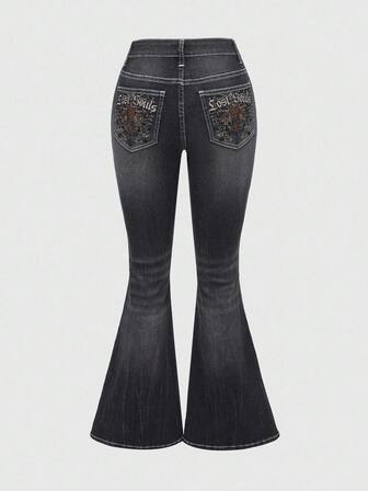 Grunge Punk Jeans a zampa di donna casual lavati vintage con ricamo