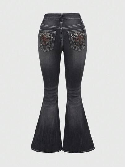 Grunge Punk Damen Lässig Vintage gewaschene Jeans mit Stickerei und Weitung
