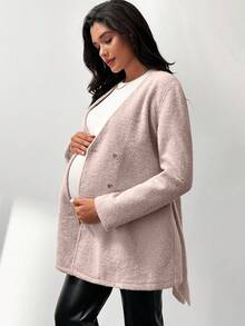 MaterniWear Maternity Work Fall,Autumn Solid Color Double-Breasted Long Sleeve Belted Casual Coat, Autumn/Winter - Pink - View 4