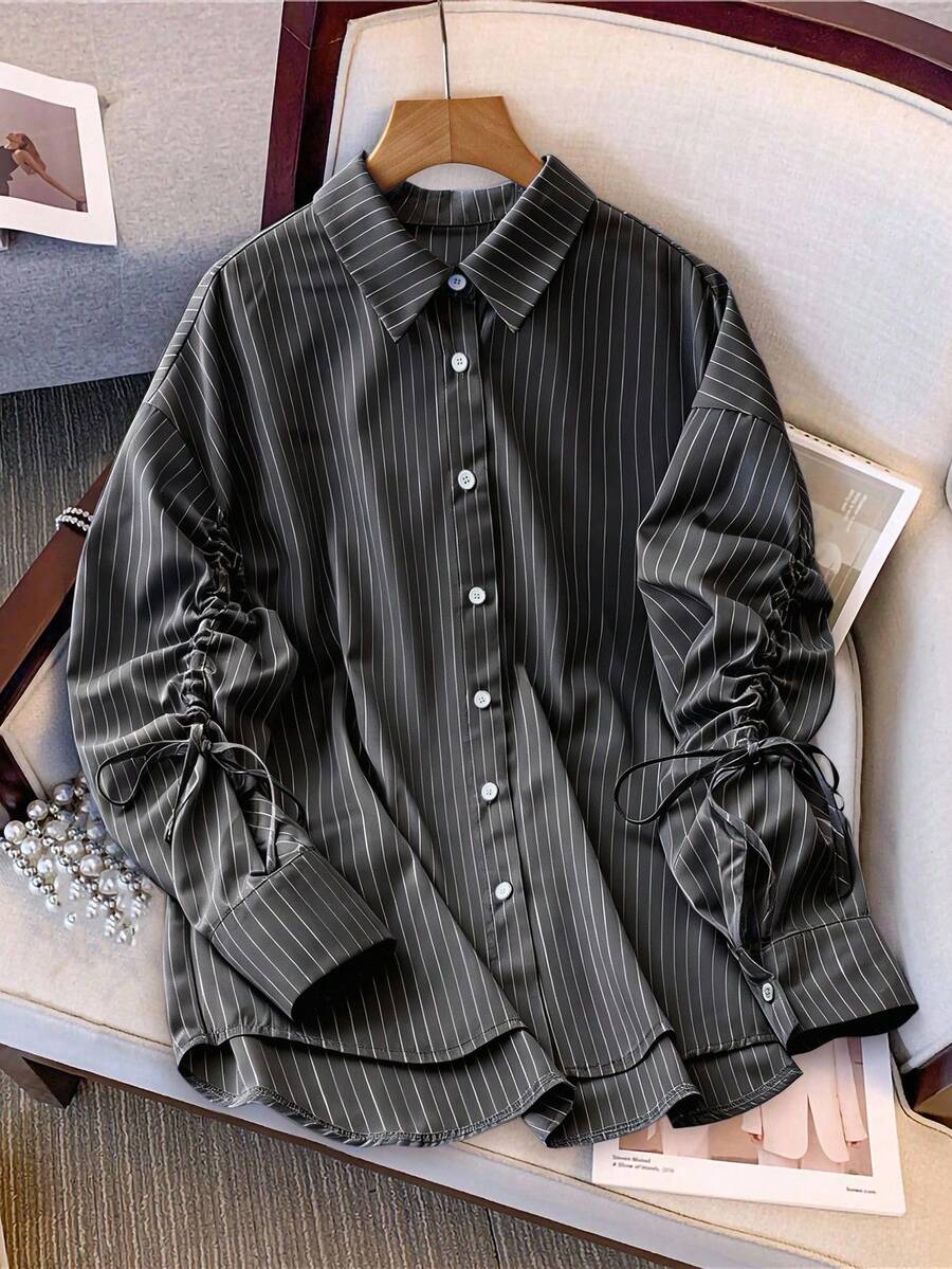 GlowEve Women's Casual Commuter Striped Long Sleeve Shirt, Autumn - Black - View 1