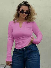 Jeta Ari Camiseta de punto acanalado con botones a la mitad, blusas de mujer de manga larga para otoño - Rosa Fucsia - Ver 5