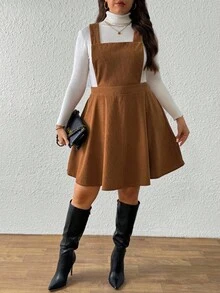 SHEIN Tall CURVE Plus Size Women Corduroy Brown Pinafore Dress, Autumn/Winter