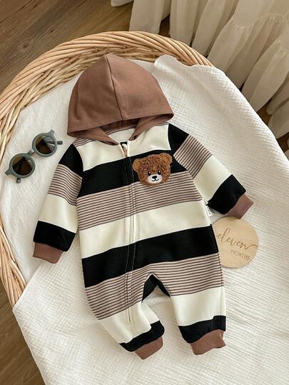 Newborn Baby Boy/Girl Cute Casual Knitted Striped Cartoon Pattern Hooded Jumpsuit Baby Casual Zipper Jumpsuit Newborn Sweater Jumpsuit Baby Knit Jumpsuit Baby Outfits Unisex For Fall Baby Boy Fall Newborn Zipper Suit