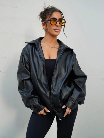 SAYEHFBABY Drop Shoulder Zip Up Black PU Jacket In Fall/Winter