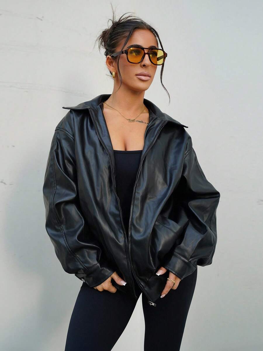 SAYEHFBABY Drop Shoulder Zip Up Black PU Jacket In Fall/Winter - Black - View 1