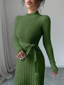 Rafferiza 女式纯色立领长袖系带优雅简约 A 字针织连衣裙，秋冬 - 軍綠色 - 查看 5
