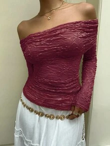 SHEIN Unity Autumn Off Shoulder Puff Ruffle Lace Fabric Sheer Long Sleeve Top - Red - View 5