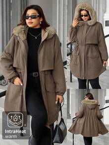 Easura Plus Size Vintage Waist-Cinched Mid-Length Hooded Long Sleeve + Detachable Fur Collar Padded Coat