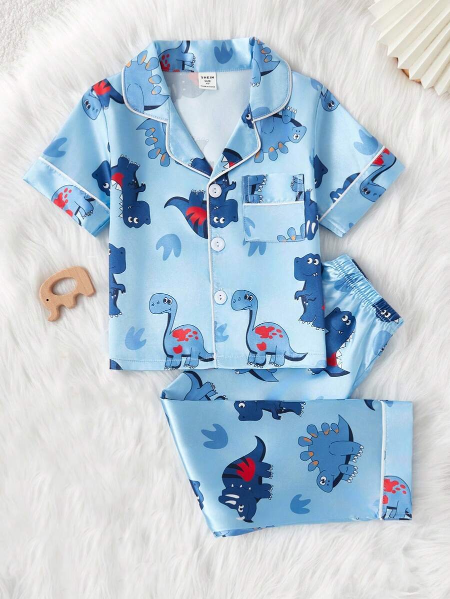 2pcs Young Boy Cute Dinosaur Print Short Sleeve Cardigan And Pants Casual Pajama Set