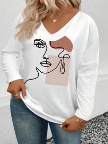 EMERY ROSE Women's Geometric Portrait Print V-Neck Long Sleeve Casual Versatile Plus Size T-Shirt, Autumn/Winter Best Seller - White - View 5