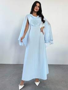 Firerie Women's Elegant Light Blue Floral Lace & Sequin Ruffle Collar Long Sleeve High Waist A-Line Maxi Dress For Autumn,Wedding Guest,Parties,Balls,Dates - Blue - View 10