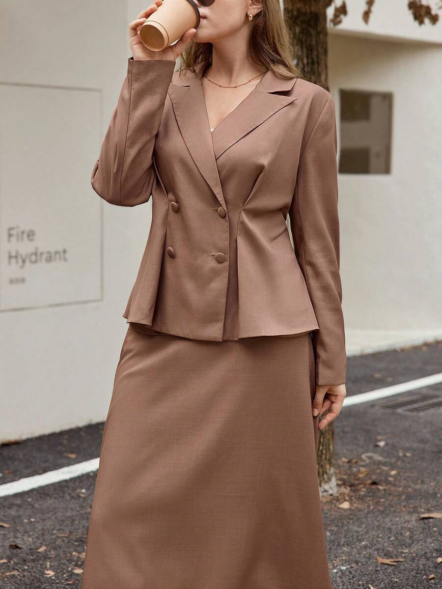 Calvaya Plus Size Solid Color Double-Breasted Jacket And Skirt Suit, Commuting Style,Brown Suit, - Coffee Brown - View 1