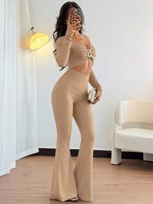 Chiquease 欧美风格休闲金属装饰腰部收紧长袖性感黑色高弹力女式连体裤 - 卡其色 - 查看 7