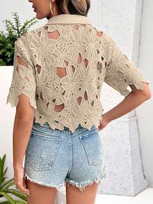 SHEIN LUNE Women's Floral Hollow-Out Short Sleeve Single-Breasted Fashion Shirt - Khaki - View 2